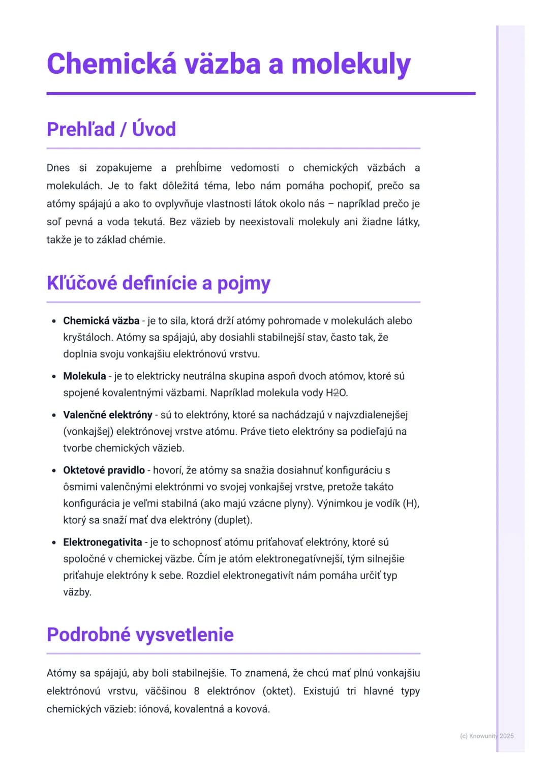 # Chemická väzba a molekuly

Prehľad / Úvod

Dnes si zopakujeme a prehĺbime vedomosti o chemických väzbách a
molekulách. Je to fakt dôležitá