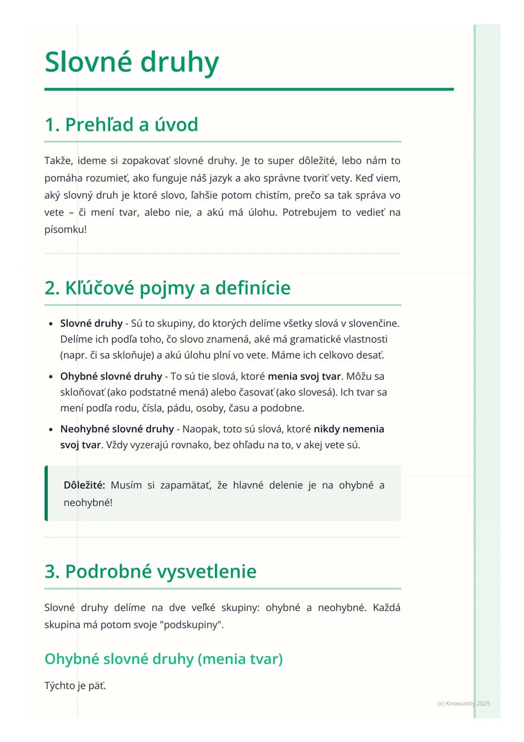 # Slovné druhy

1. Prehľad a úvod

Takže, ideme si zopakovať slovné druhy. Je to super dôležité, lebo nám to
pomáha rozumieť, ako funguje ná