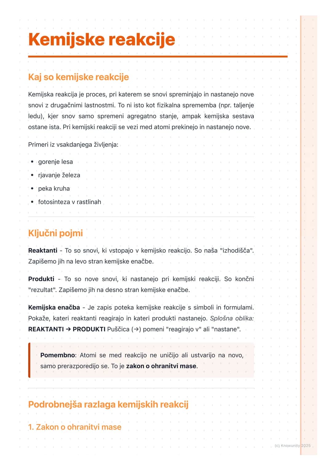 # Kemijske reakcije
Kaj so kemijske reakcije
Kemijska reakcija je proces, pri katerem se snovi spreminjajo in nastanejo nove
snovi z druga