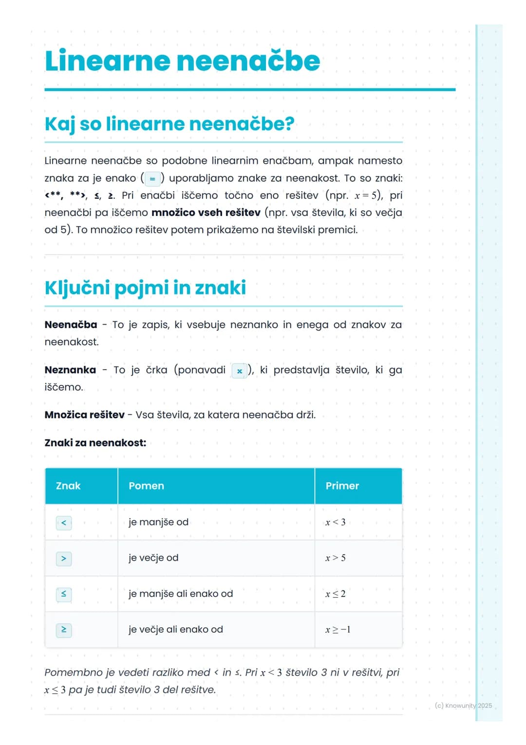 # Linearne neenačbe
## Kaj so linearne neenačbe?
Linearne neenačbe so podobne linearnim enačbam, ampak namesto
znaka za je enako (=) upora