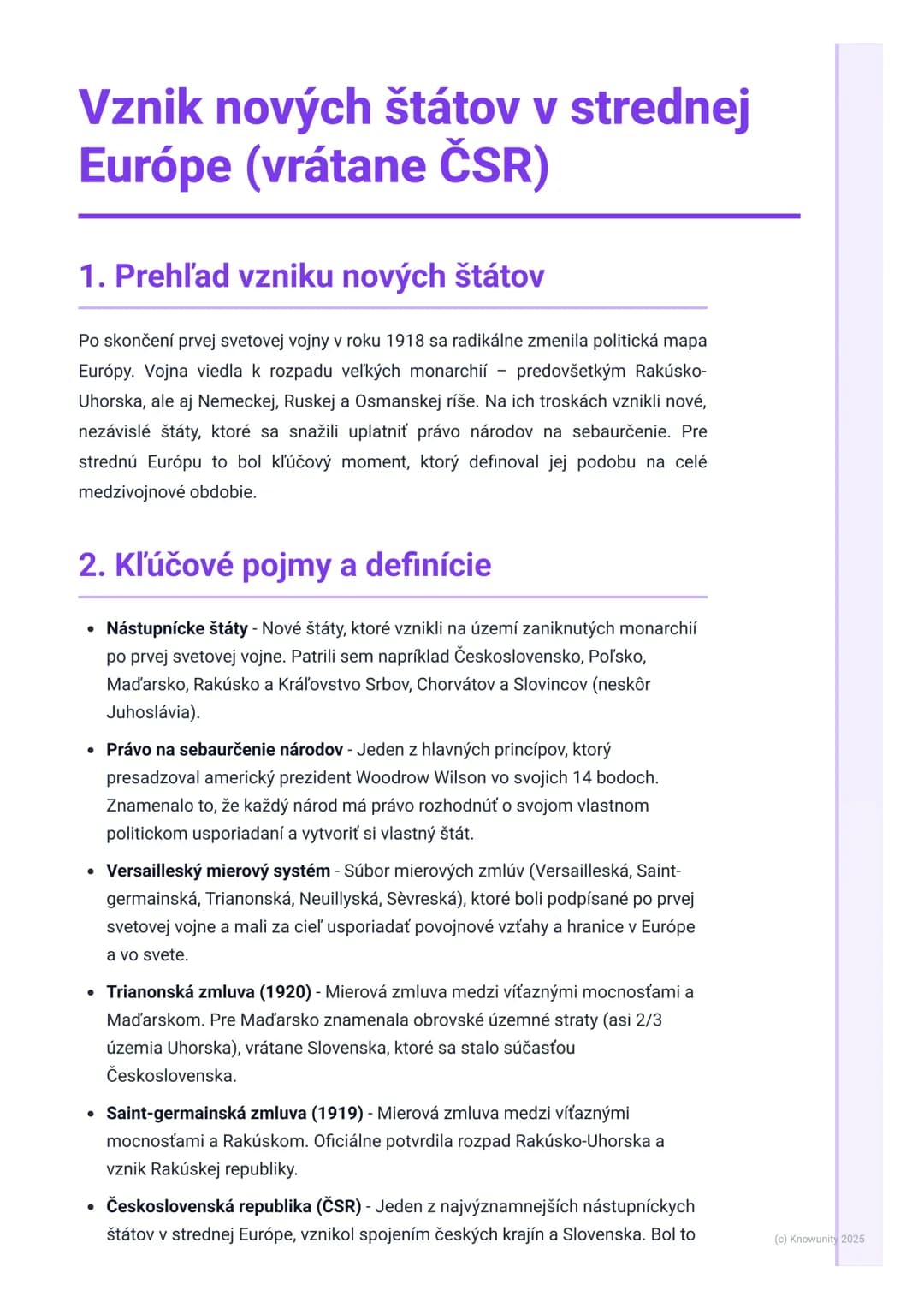 # Vznik nových štátov v strednej
Európe (vrátane ČSR)
1. Prehľad vzniku nových štátov
Po skončení prvej svetovej vojny v roku 1918 sa radi