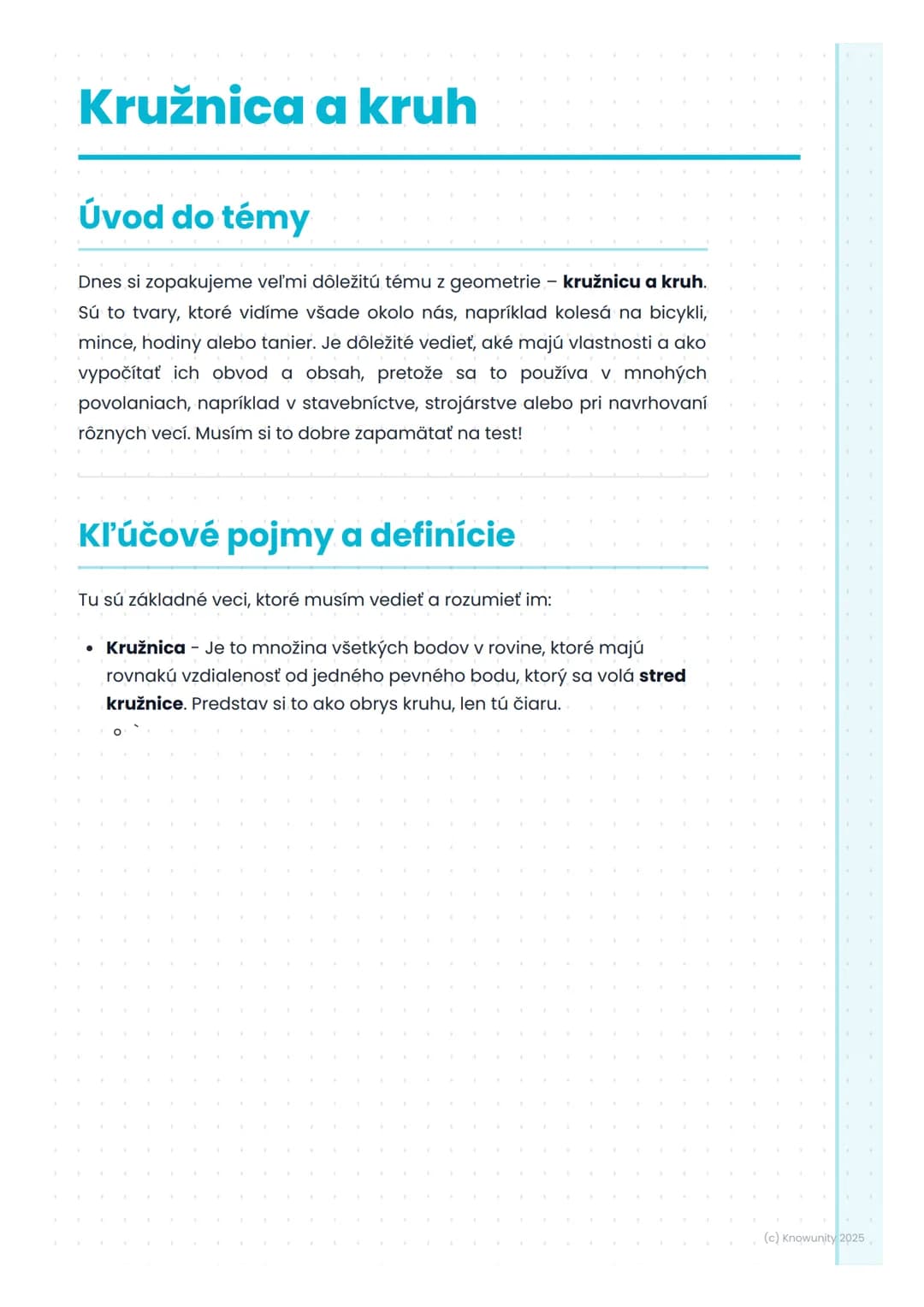 # Kružnica a kruh
## Úvod do témy
Dnes si zopakujeme veľmi dôležitú tému z geometrie - kružnicu a kruh.
Sú to tvary, ktoré vidíme všade ok
